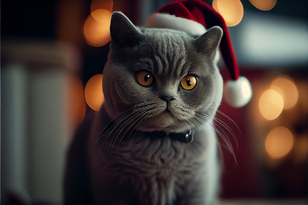 Cat in Christmas hat amid Christmas background created with generative AI technology. High quality illustrationの写真素材