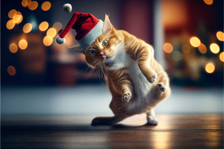 Cat in Christmas hat amid Christmas background created with generative AI technology. High quality illustrationの写真素材