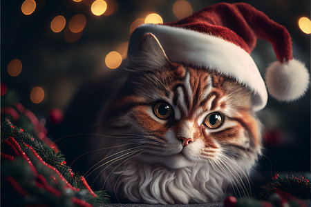 Cat in Christmas hat amid Christmas background created with generative AI technology. High quality illustrationの写真素材
