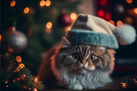 Cat in Christmas hat amid Christmas background created with generative AI technology. High quality illustrationの写真素材