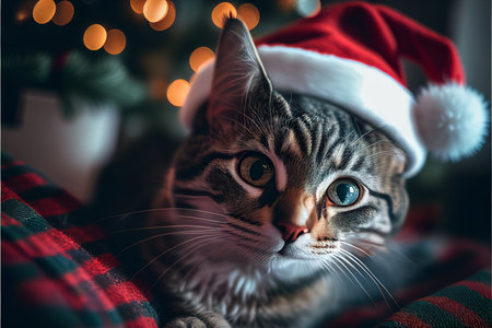Cat in Christmas hat amid Christmas background created with generative AI technology. High quality illustrationの写真素材