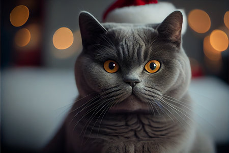 Cat in Christmas hat amid Christmas background created with generative AI technology. High quality illustrationの写真素材