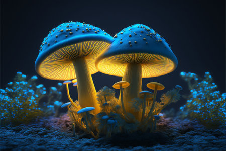 Blue and yellow glowing mushrooms in the dark created with generative AI technology. High quality illustrationの写真素材