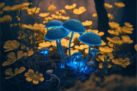 Blue and yellow glowing mushrooms in the dark created with generative AI technology. High quality illustrationの写真素材