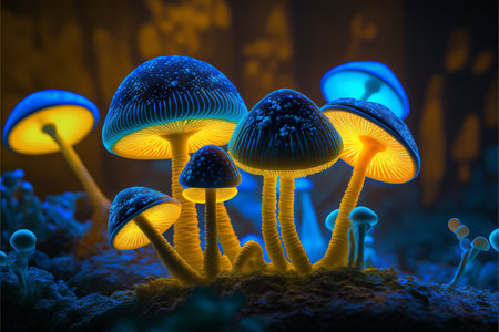 Blue and yellow glowing mushrooms in the dark created with generative AI technology. High quality illustrationの写真素材