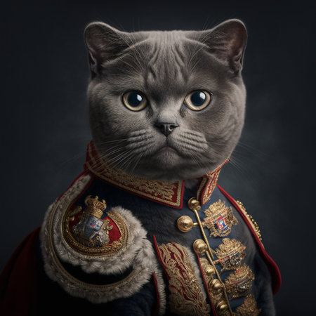 British Shorthair is the pedigreed version of the traditional British domestic cat, with a distinctively stocky body, dense coat, and broad face. Created with generative AI technology. High quality illustrationの写真素材