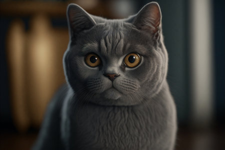 British Shorthair is the pedigreed version of the traditional British domestic cat, with a distinctively stocky body, dense coat, and broad face. Created with generative AI technology. High quality illustrationの写真素材