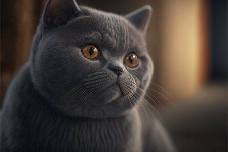 British Shorthair is the pedigreed version of the traditional British domestic cat, with a distinctively stocky body, dense coat, and broad face. Created with generative AI technology. High quality illustrationの写真素材