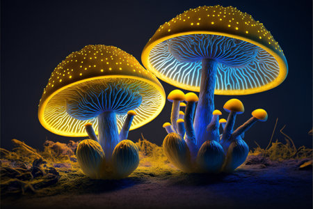 Blue and yellow glowing mushrooms in the dark created with generative AI technology. High quality illustrationの写真素材