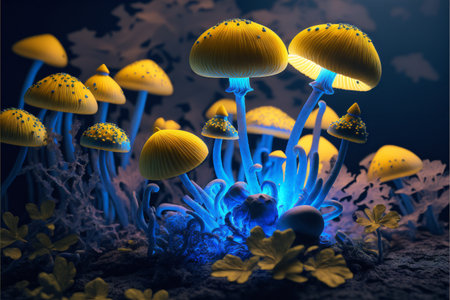 Blue and yellow glowing mushrooms in the dark created with generative AI technology. High quality illustrationの写真素材
