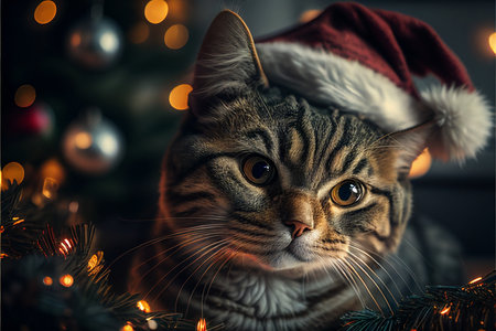 Cat in Christmas hat amid Christmas background created with generative AI technology. High quality illustrationの写真素材