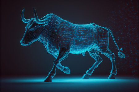 Neon digital bull glowing in the dark created with generative AI technology. High quality illustrationの写真素材