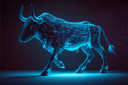 Neon digital bull glowing in the dark created with generative AI technology. High quality illustrationの写真素材