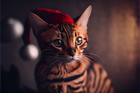Black cat in Christmas hat amid Christmas background created with generative AI technology. High quality illustrationの写真素材