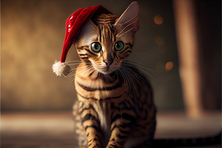 Black cat in Christmas hat amid Christmas background created with generative AI technology. High quality illustrationの写真素材