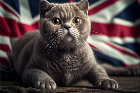 British Shorthair is the pedigreed version of the traditional British domestic cat, with a distinctively stocky body, dense coat, and broad face. Created with generative AI technology. High quality illustrationの写真素材