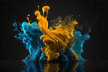 Yellow and blue paint mix injected into the water created with generative AI technology. High quality illustrationの写真素材