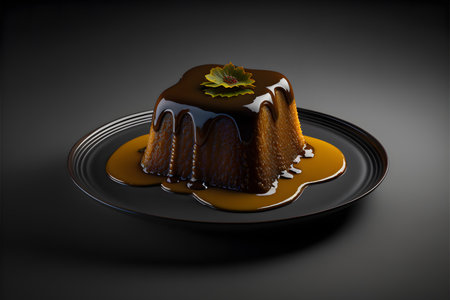 Sticky toffee pudding on black background created with generative AI technology. High quality illustrationの写真素材