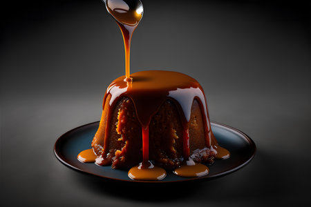 Sticky toffee pudding on black background created with generative AI technology. High quality illustrationの写真素材