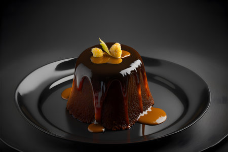 Sticky toffee pudding on black background created with generative AI technology. High quality illustrationの写真素材