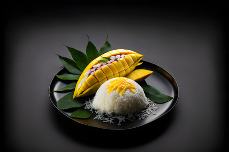 Sticky Rice with Mango on black background created with generative AI technology. High quality illustrationの写真素材