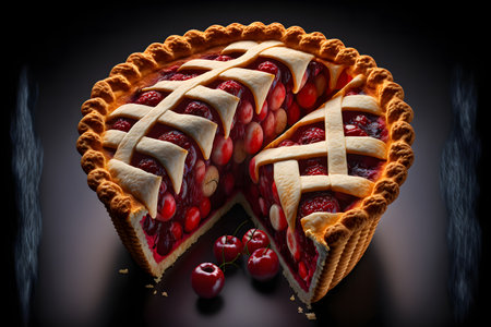 Sour Cherry Pie on black background created with generative AI technology. High quality illustrationの写真素材