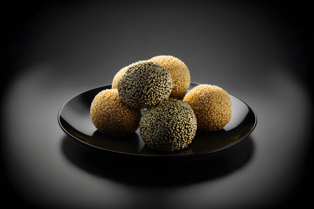Sesame Balls on black background created with generative AI technology. High quality illustrationの写真素材