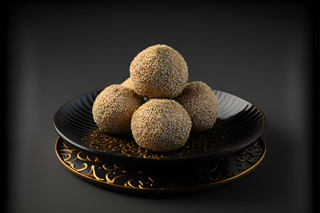 Sesame Balls on black background created with generative AI technology. High quality illustrationの写真素材