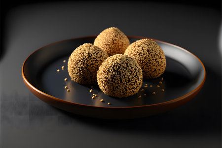Sesame Balls on black background created with generative AI technology. High quality illustrationの写真素材
