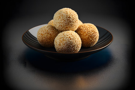 Sesame Balls on black background created with generative AI technology. High quality illustrationの写真素材
