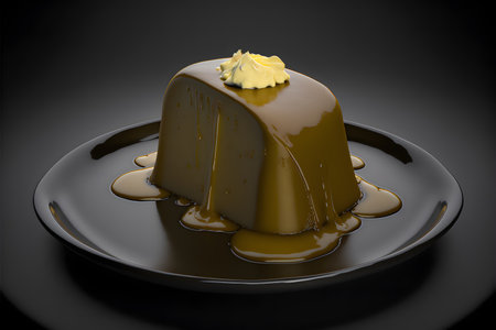 PUDDING WITH BRANDY BUTTER HARD SAUCE on black background created with generative AI technology. High quality illustrationの写真素材