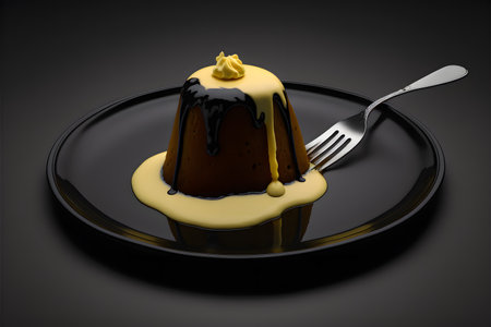 PUDDING WITH BRANDY BUTTER HARD SAUCE on black background created with generative AI technology. High quality illustrationの写真素材