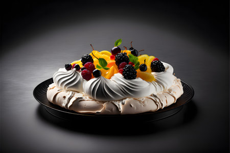Pavlova on black background created with generative AI technology. High quality illustrationの写真素材