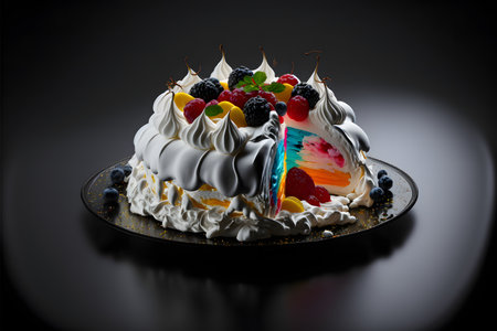 Pavlova on black background created with generative AI technology. High quality illustrationの写真素材
