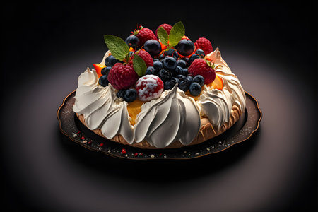 Pavlova on black background created with generative AI technology. High quality illustrationの写真素材