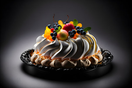 Pavlova on black background created with generative AI technology. High quality illustrationの写真素材