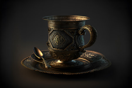Cup saucer and spoon in Arabic style on black background created with generative AI technology. High quality illustrationの写真素材