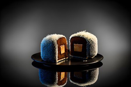 LAMINGTONS on black background created with generative AI technology. High quality illustrationの写真素材