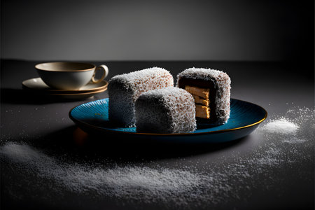 LAMINGTONS on black background created with generative AI technology. High quality illustrationの写真素材