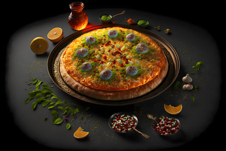 Knafeh on black background created with generative AI technology. High quality illustrationの写真素材