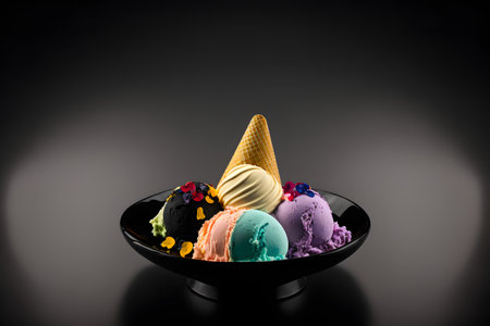 Gelato on black background created with generative AI technology. High quality illustrationの写真素材