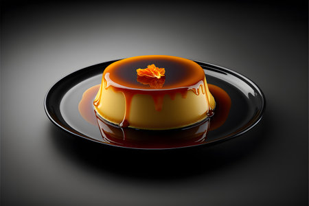 Flan on black background created with generative AI technology. High quality illustrationの写真素材