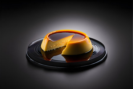 Flan on black background created with generative AI technology. High quality illustrationの写真素材