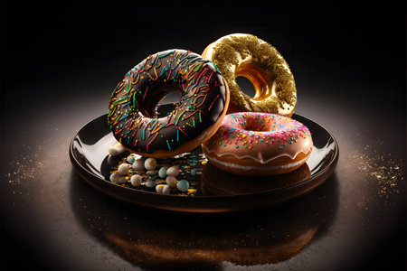 Doughnuts on black background created with generative AI technology. High quality illustrationの写真素材