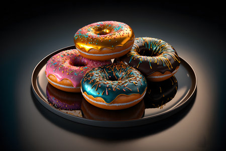 Doughnuts on black background created with generative AI technology. High quality illustrationの写真素材
