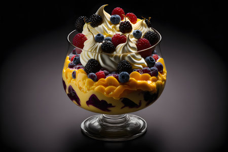 Custard Berry Trifle on black background created with generative AI technology. High quality illustrationの写真素材