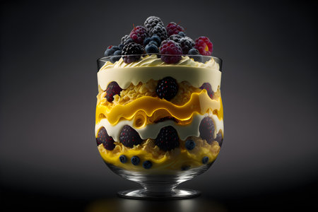 Custard Berry Trifle on black background created with generative AI technology. High quality illustrationの写真素材