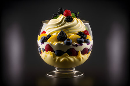 Custard Berry Trifle on black background created with generative AI technology. High quality illustrationの写真素材