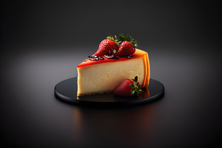 Cheesecake with red strawberry on black background created with generative AI technology. High quality illustrationの写真素材