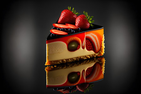Cheesecake with red strawberry on black background created with generative AI technology. High quality illustrationの写真素材